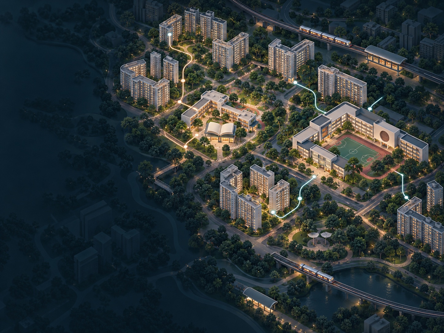 Illustrated Singapore neighbourhood map connecting HDB blocks with nearby schools and MRT routes